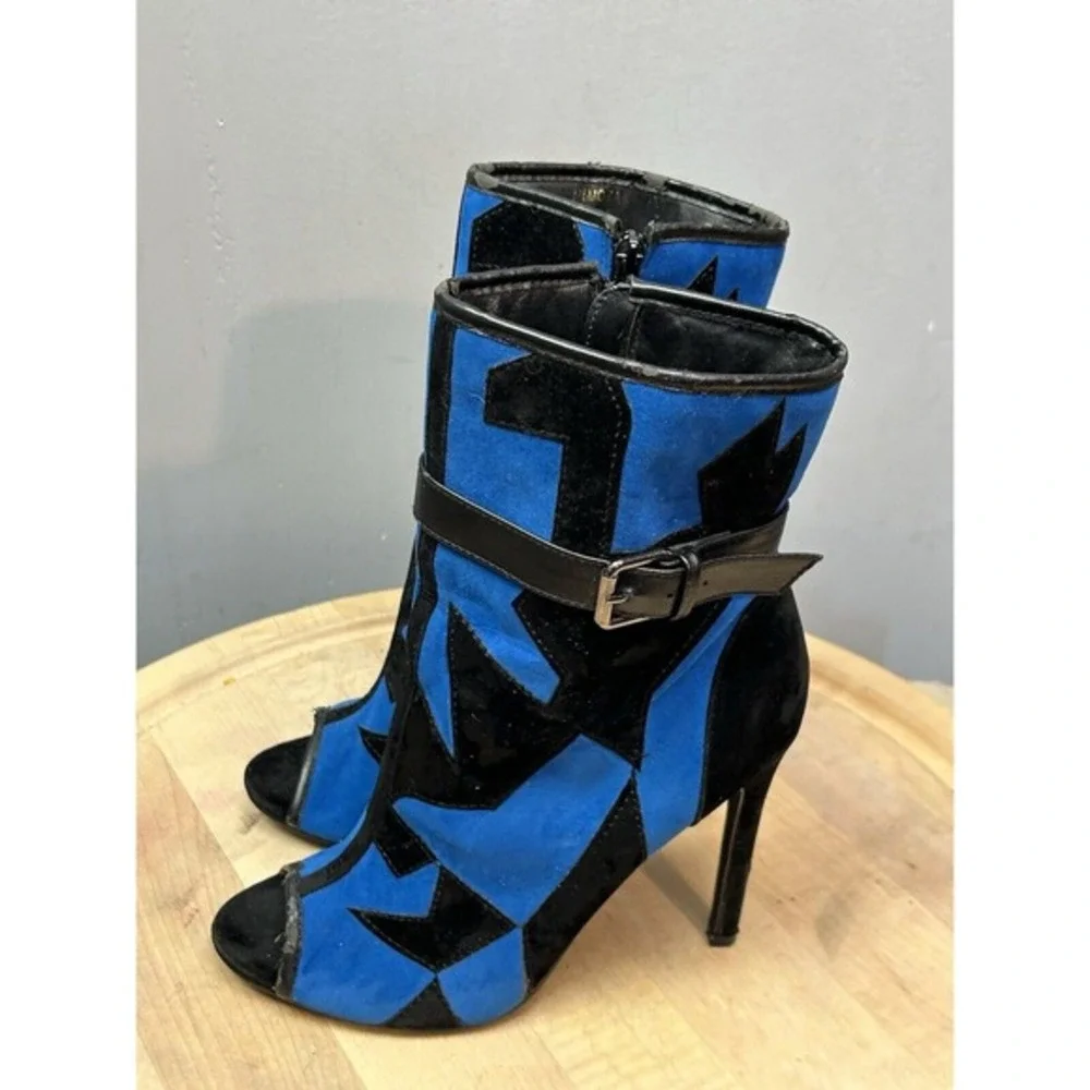 Mimoza Blue Black Geometric Patchwork Peep Toe Stiletto‎ Ankle Boots Mens 7.5